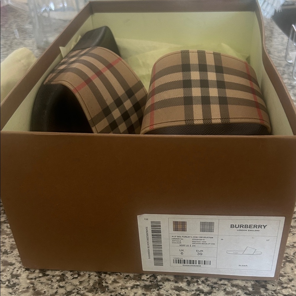 Burberry women’s  Plaid Slide Sandals in Black and Tan